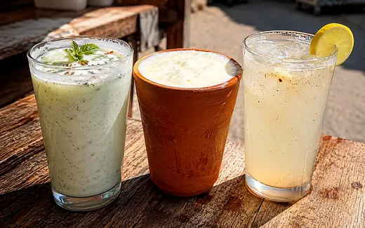 Glasses of chhach, lassi and shikanji side by side