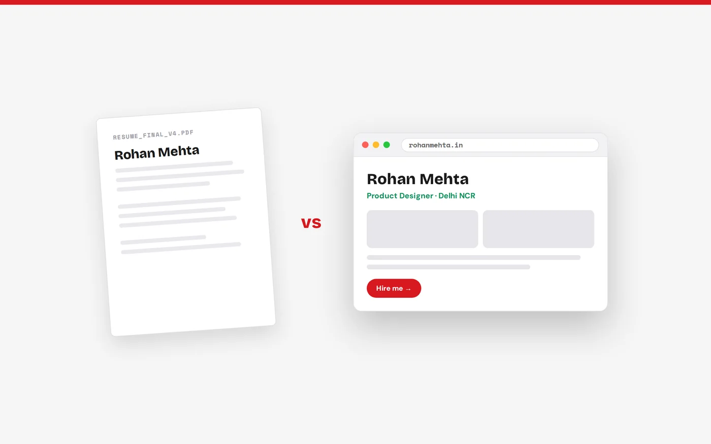 A PDF resume shown beside a live personal website in a browser window