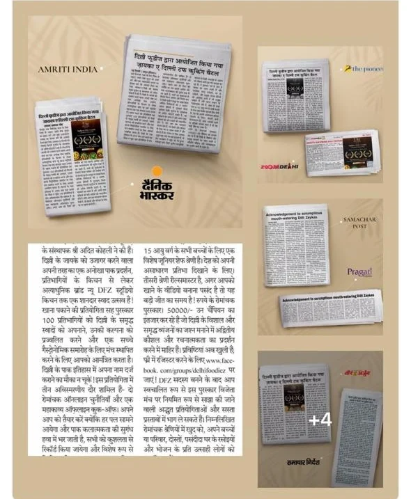 A collage of newspaper clippings covering Zayka-e-Dilli, with mastheads including The Pioneer, Dainik Bhaskar, Zoom Delhi and Samachar Post