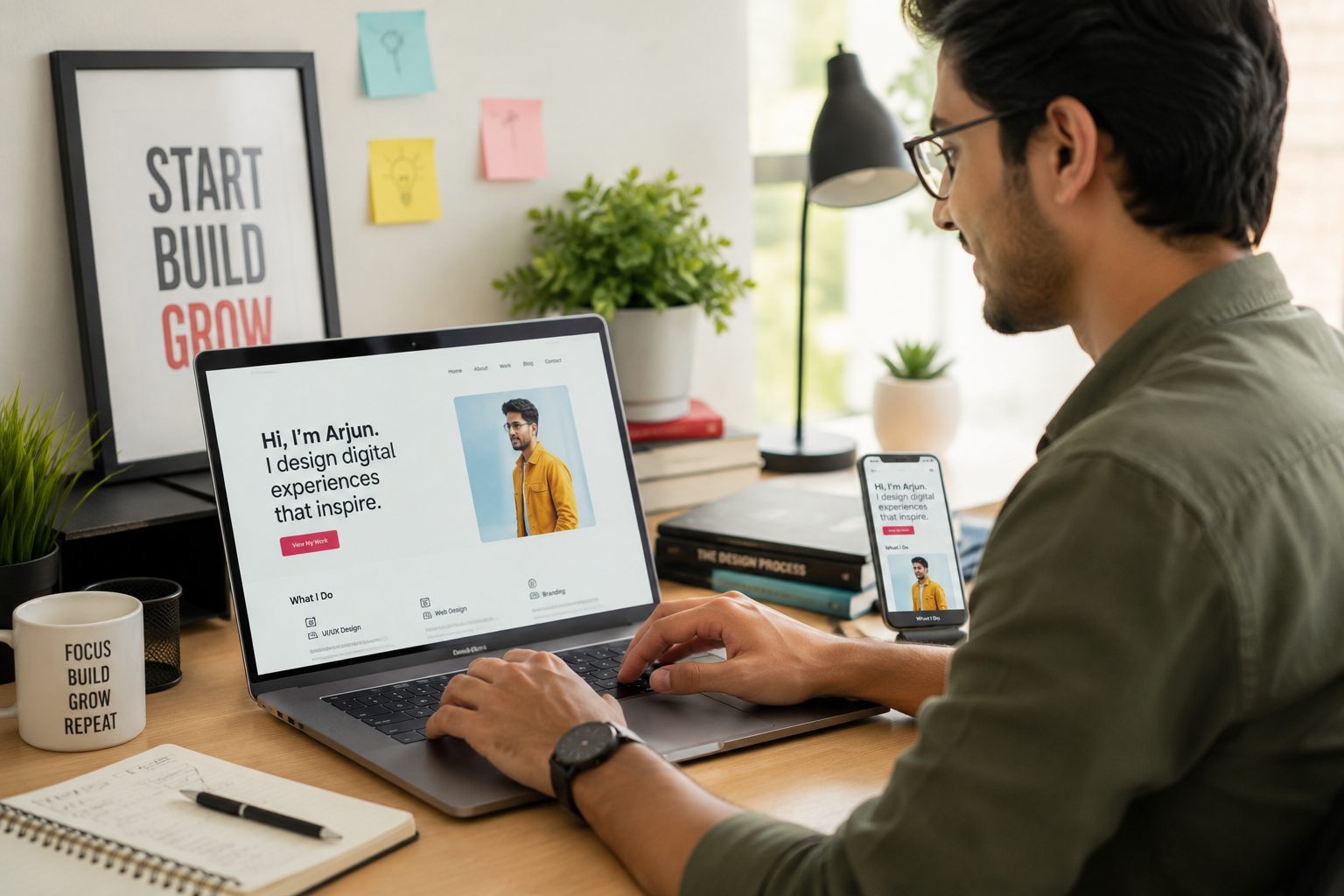 A young professional reviewing their portfolio website on a laptop